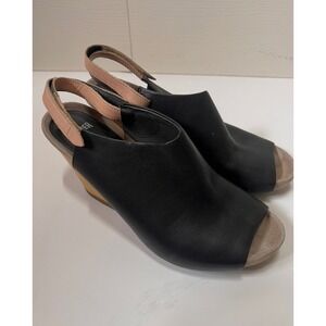 Camper Misia Black Leather Wedge Sandals Slingback Peep Toe Platform EU 39